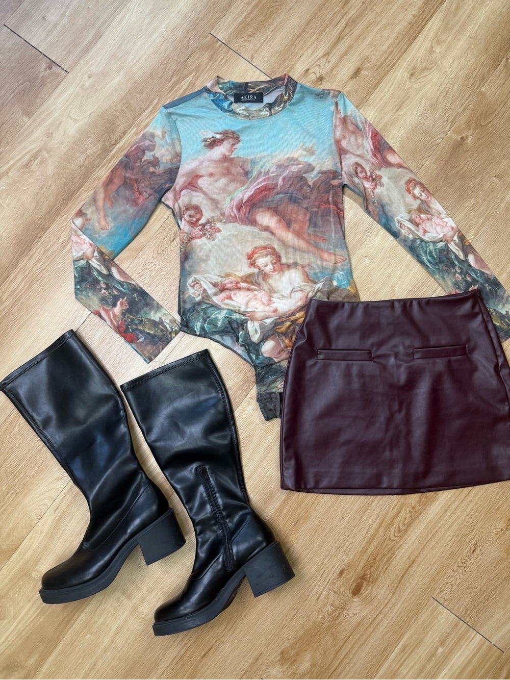 AKIRA Angel Print Long Sleeve Bodysuit - Blue, Cream, Pink